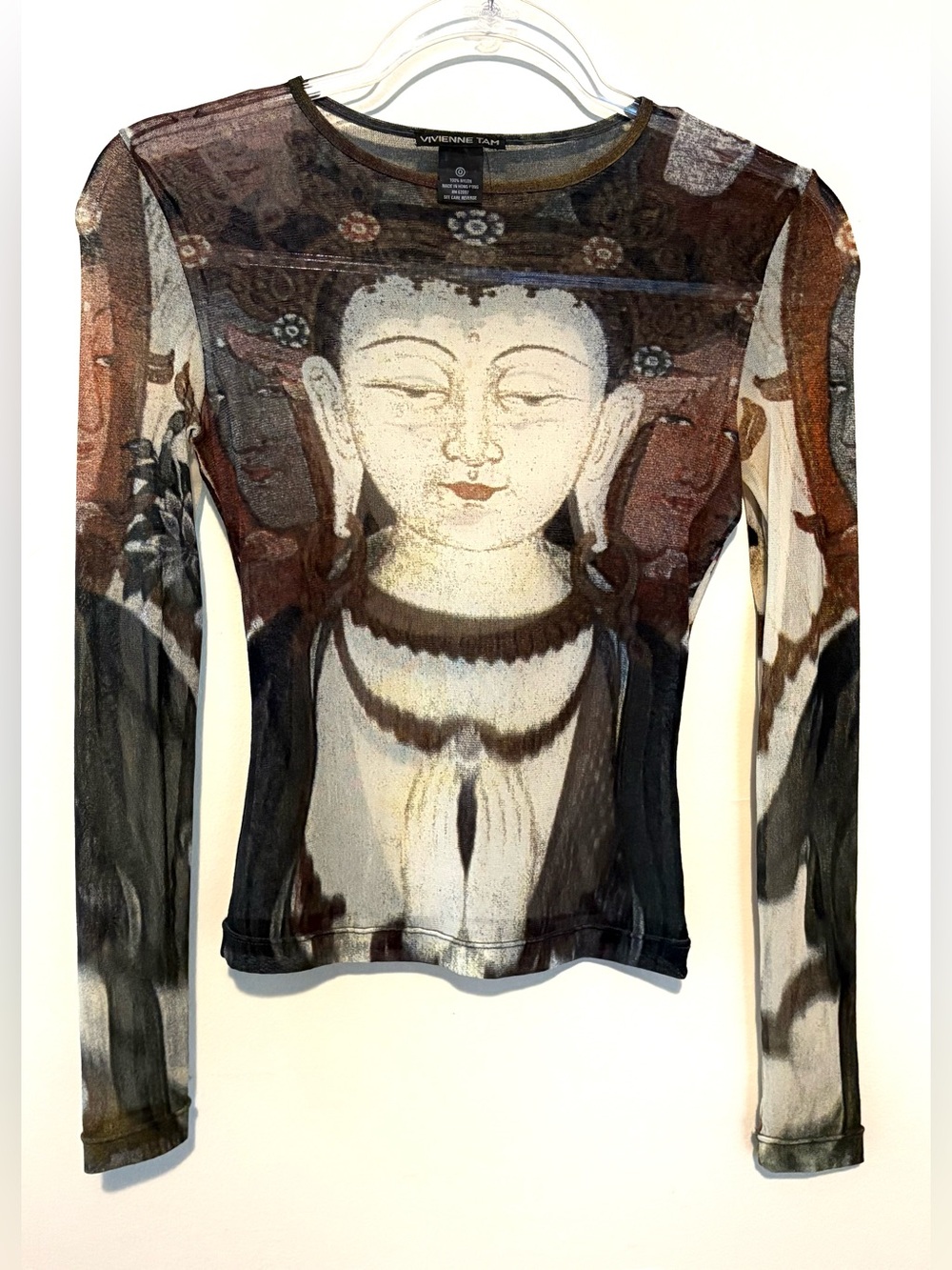 Vintage 90s Vivienne Tam Kuan Yin sheer mesh Buddha long sleeve top